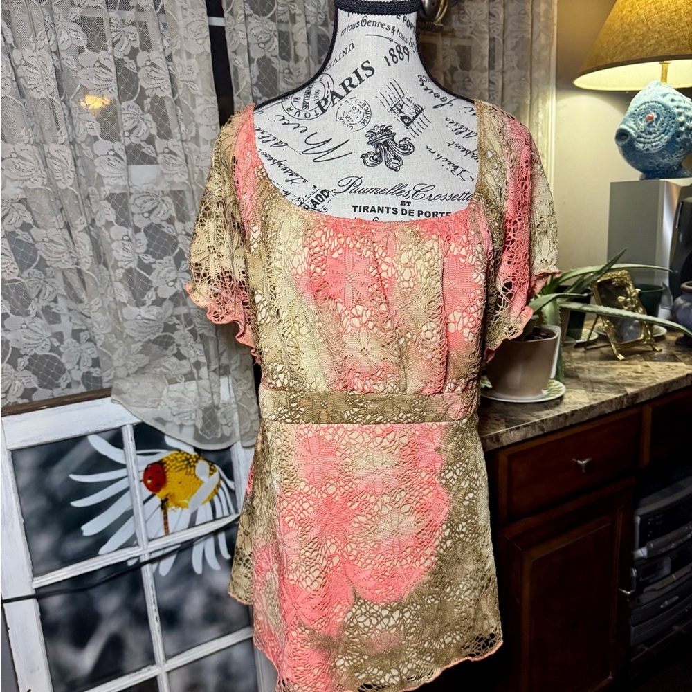 Lane Bryant Peach and Tan Crochet Blouse